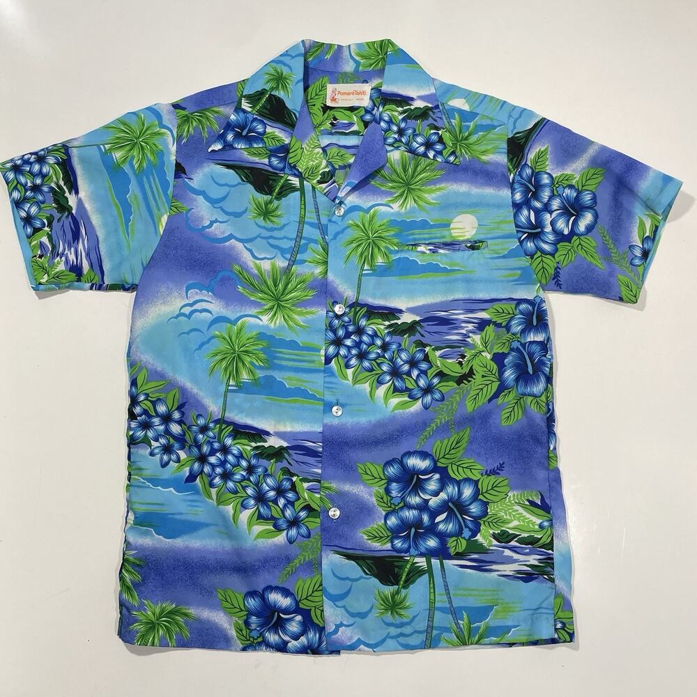 VTG Pomare Tahiti Shirt Mens S Green Blue Floral Moon Palms Hawaiian Aloha 70s
